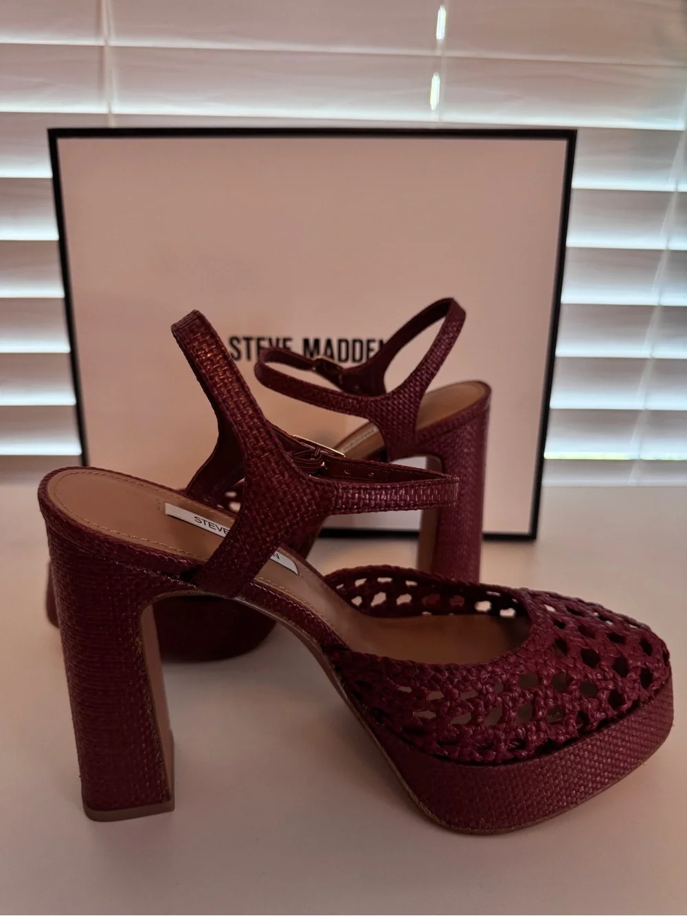 Steve Madden Lexie Raffia Woven Red Platform Block Heels